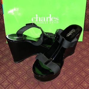 Black Paten Leather Strappy Wedges